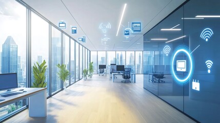 Modern office with large windows overlooking a cityscape and wifi icons displayed on the walls.