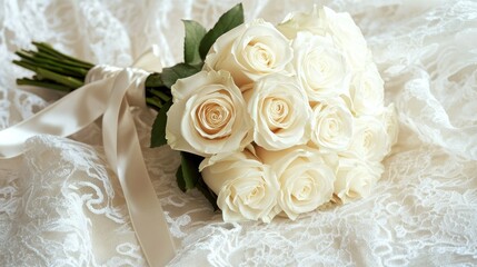 Canvas Print - A simple yet elegant bouquet of white roses, tied with a satin ribbon, resting on a table draped in lace.