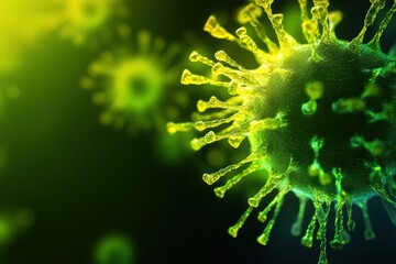 Close-up of a virus, showcasing intricate structures in green and yellow. Ideal for science, medical, or health-related projects.