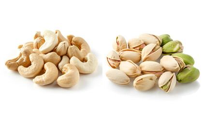 Tasty pistachio nuts and cashews isolated on white, set