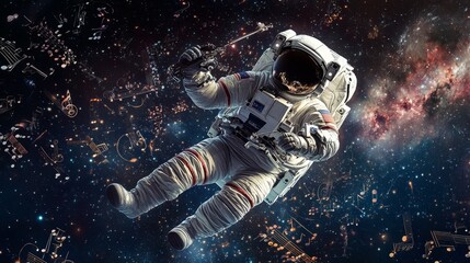 Astronaut Floating in Space with Musical Notes