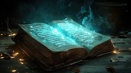 A witch's spellbook with glowing text, set in a dimly lit room, creating an aura of mystery and magic.