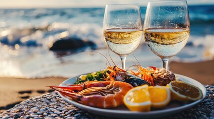 shrimp wine seafood on the beach background. selective focus