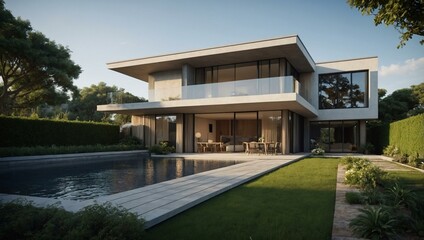 D rendering of a modern house featuring a beautiful garden and stylish architecture.