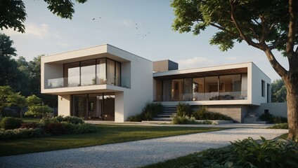 D rendering of a modern house featuring a beautiful garden and stylish architecture.