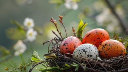 Easter-themed eggs in bird nest with spring backdrop.