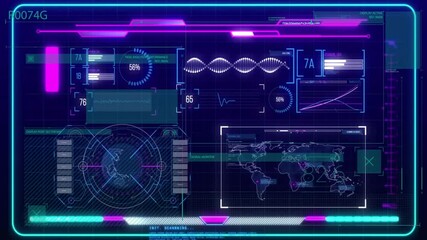 Wall Mural - Futuristic data processing and analysis animation over digital world map and graphs