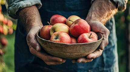 Canvas Print - the farmer holds a bowl of apples in his hands. Selective focus