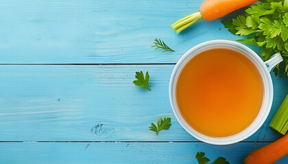 Poster - Delicious chicken bouillon with carrot and celery on blue wooden table, top view. Space for text