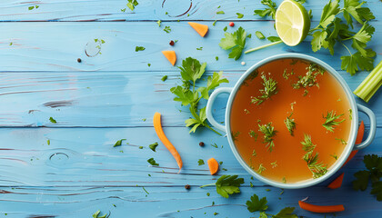 Wall Mural - Delicious chicken bouillon with carrot and celery on blue wooden table, top view. Space for text