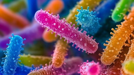 Colorful microscopic bacteria with vivid details, scientific illustration concept