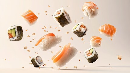 Wall Mural - Pieces of sushi falling from above, delicate and artistic, Japanese cuisine, clean and minimal