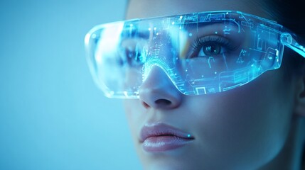 Wall Mural - Close-up of a woman's eye wearing futuristic glasses with a blue digital overlay.