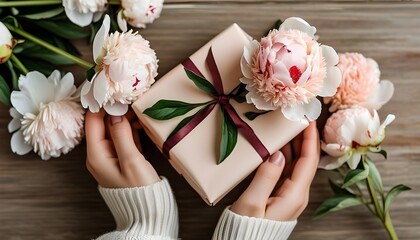 Close-up of hands presenting a gift with peonies, symbolizing love and celebration for Valentines Day, birthdays, or Mothers Day in a romantic flat lay arrangement