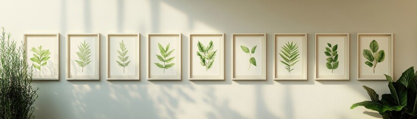 A beautiful arrangement of framed botanical artworks featuring various green leaves, enhancing a serene interior space.