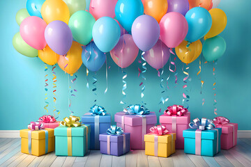 Colorful pastel balloons & gift boxes with ribbons decoration for celebration, Generated by Ai
