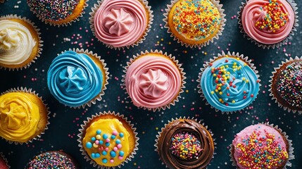 Canvas Print - A colorful array of decorated cupcakes with various frosting and toppings.