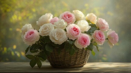 Sticker - Pink and white roses elegantly arranged in a vintage basket, set on a garden table under the soft morning light.