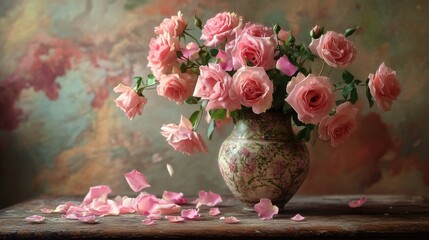 Wall Mural - Soft pink roses arranged in a vintage vase, sitting on a wooden table, with delicate petals softly falling around.