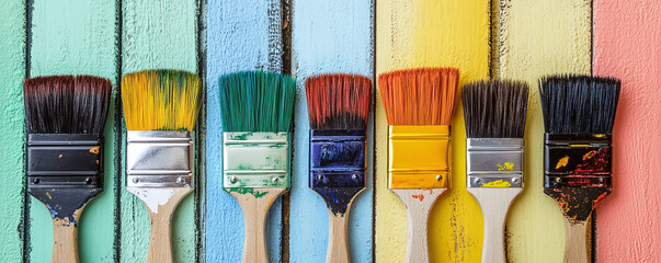 Various paintbrushes display bright colors lined up on painted wooden planks for home improvement