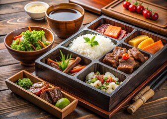 Beef teriyaki bento box, neatly arranged food, steamed rice, and miso soup, natural lighting, traditional Japanese-inspired design, high-quality textures and materials.