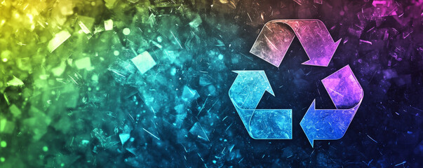 A creative background with a large recycling icon in vibrant, overlapping colors like green, blue, and purple, with a glossy, high-shine finish.