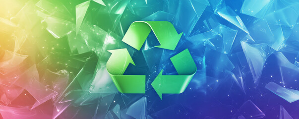 A creative background with a large recycling icon in vibrant, overlapping colors like green, blue, and purple, with a glossy, high-shine finish.