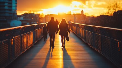 Wall Mural - A couple walks hand-in-hand at sunset on a bridge, with silhouettes of people in the background.