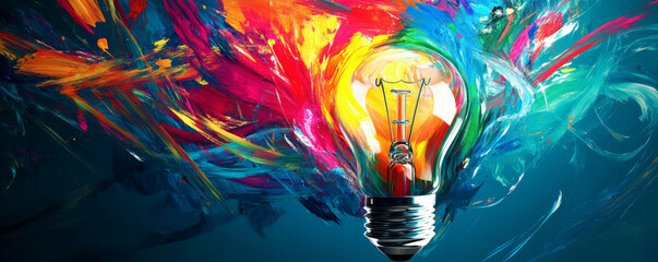 A creative design featuring a lightbulb made of layered, colorful paint strokes, with dynamic light trails swirling around it to symbolize artistic inspiration.