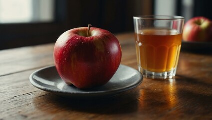 Wall Mural - A juicy red apple and a glass of fresh apple juice on display, showcasing healthy refreshment.