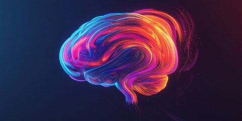 A creative design with swirling, neon-colored lines forming the shape of a brain, set against a dark gradient background to highlight the concept of imagination.