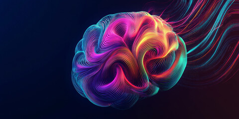 A creative design with swirling, neon-colored lines forming the shape of a brain, set against a dark gradient background to highlight the concept of imagination.