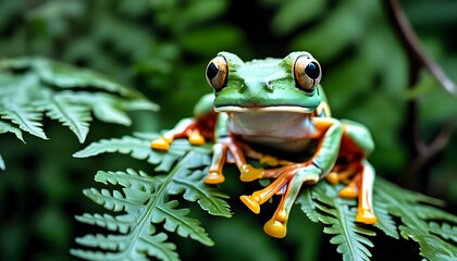 Playful Pacific and Javan Tree Frogs Joyfully Resting on Lush Green Leaves and Ferns