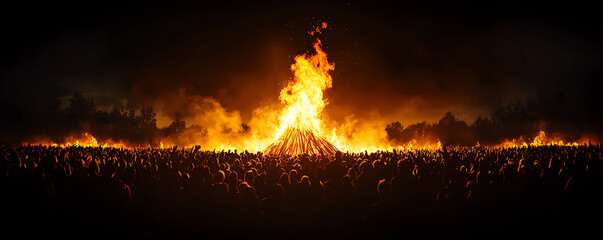 A dramatic bonfire illuminates the night sky, creating an intense atmosphere of warmth and energy amidst darkness.