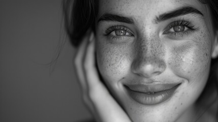 Wall Mural - Portrait of a happy female with freckles, looking at the camera.