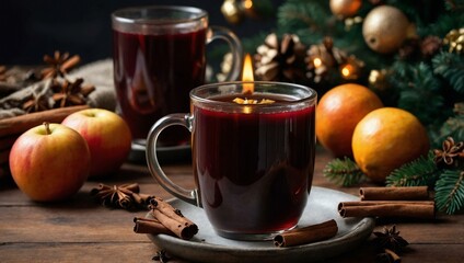 Wall Mural - A mug of wassail on a holiday table, surrounded by cinnamon sticks, star anise, and cloves.