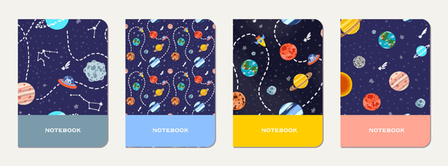 Wall Mural - school notebook cover design with cartoon galaxy.