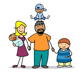 Illustration of a happy family with parents holding children and a baby, highlighting love and togetherness