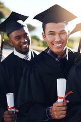 Poster - Certificate, college and portrait of men at graduation with smile, achievement and education. University, success and happy students on campus with diploma, diversity or friends at award ceremony