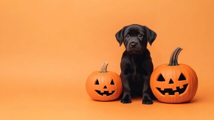 Black puppy between two Halloween pumpkins smiling