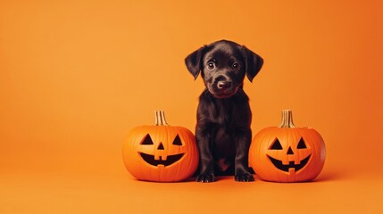 Black puppy sits with two carved pumpkins in autumn.