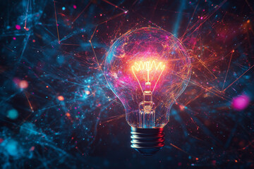 A lightbulb emerging from a glowing digital brain, surrounded by swirling neon lines and bright particles, symbolizing an innovative idea on a futuristic background.