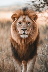 Wall Mural - male lion with mane on grassy field. african safari wildlife.