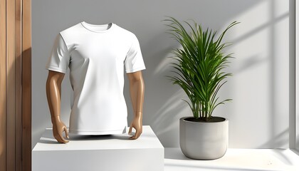 Stylish 3D mockup of a white oversized T-shirt on invisible mannequin, blank design for print showcasing both sides against a clean shop background