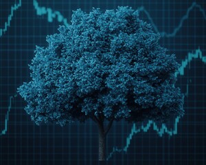 Wall Mural - A tree made of stock graphs fluctuating through its branches, symbolizing financial strategies growing despite volatility, 3D rendering, Cool tones