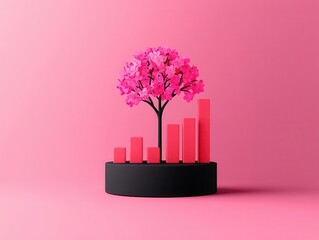 Wall Mural - An abstract visual of fluctuating financial graphs turning into a blooming tree, symbolizing growth amidst volatility, Digital Illustration, Bright colors