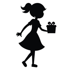 Wall Mural - Christmas Silhouette Girl Holding Gift Line Art.