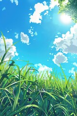 A serene summer day with a vibrant green field under a bright blue sky filled with fluffy white clouds.