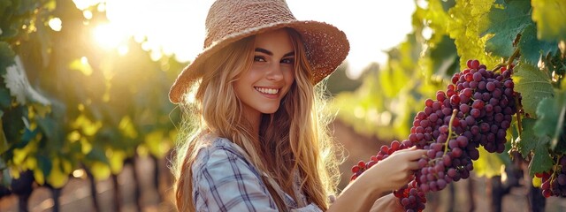 the girl is picking grapes. Selective focus