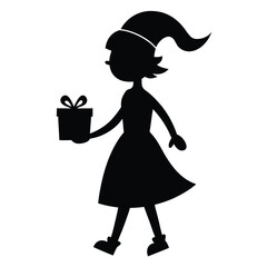 Wall Mural - Christmas Silhouette Girl Holding Gift Line Art.